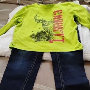 Carhartt Neon Green Graphic Tee with Navy Jeans